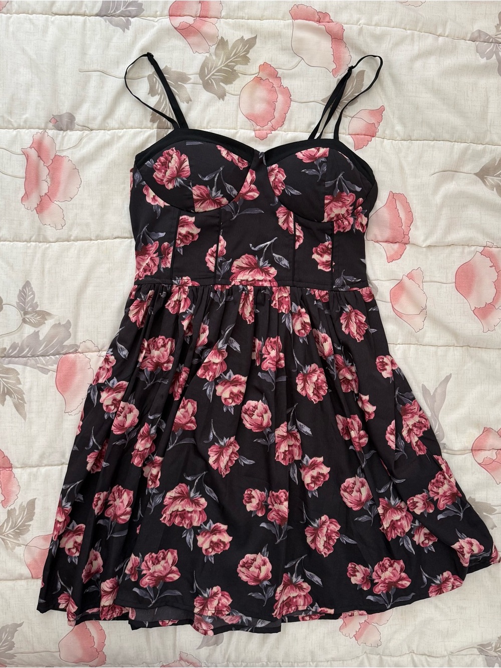 Band of Gypsies Black Mini Dress with Pink Floral Print